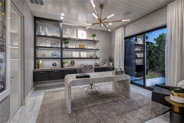 office with a chandelier and wooden ceiling