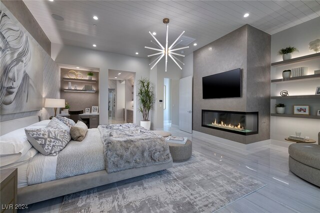 bedroom featuring an inviting chandelier, wooden ceiling, and a large fireplace