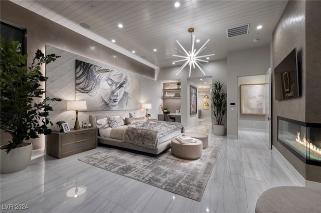 bedroom featuring wood ceiling, a multi sided fireplace, and a chandelier