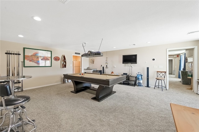 game room with billiards and carpet flooring