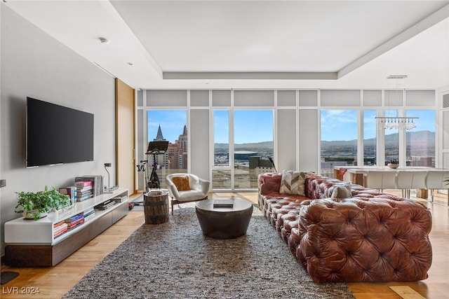 living room featuring a tray ceiling, a mountain view, light hardwood / wood-style flooring, an inviting chandelier, and a wall of windows