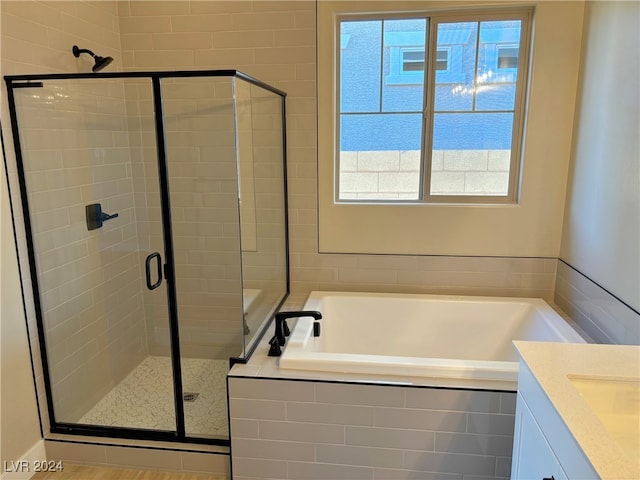 bathroom with plenty of natural light, separate shower and tub, and vanity