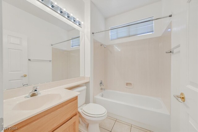 full bathroom featuring shower / bathtub combination, vanity, toilet, and tile patterned floors