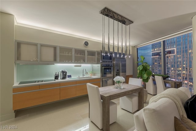 kitchen featuring appliances with stainless steel finishes, hanging light fixtures, and sink