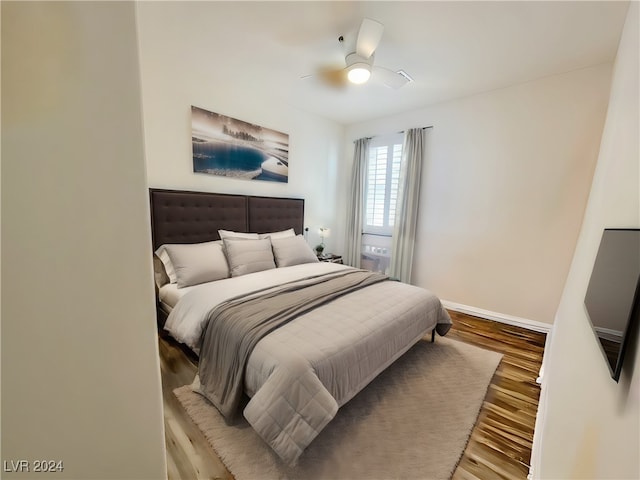 bedroom featuring ceiling fan and light wood-type flooring