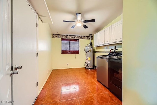 laundry room with cabinets, ceiling fan, independent washer and dryer, light tile patterned floors, and water heater