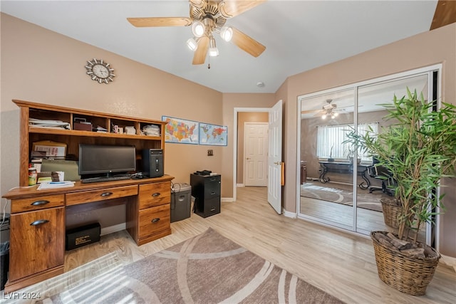 office area featuring light hardwood / wood-style flooring and ceiling fan