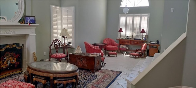 living area featuring light tile patterned flooring