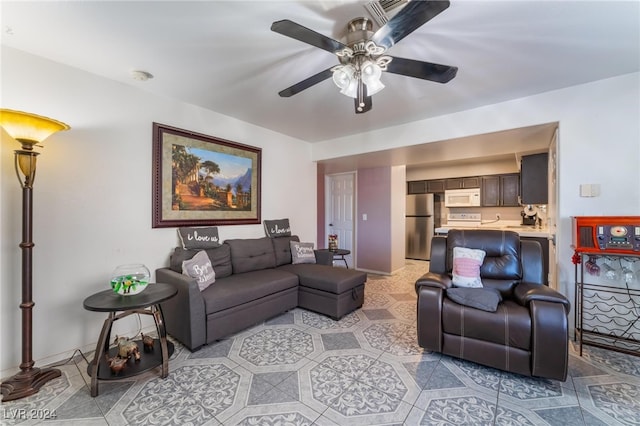 living room with ceiling fan