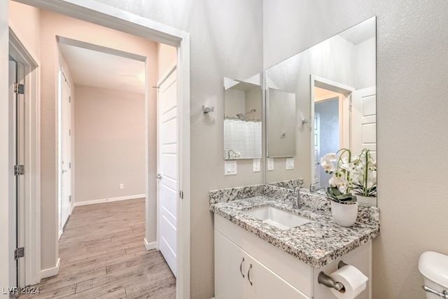 bathroom featuring hardwood / wood-style flooring, vanity, and toilet