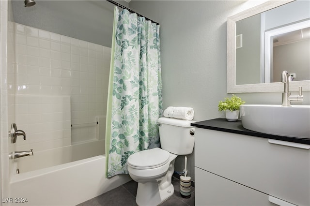 full bathroom with tile patterned flooring, vanity, toilet, and shower / bathtub combination with curtain