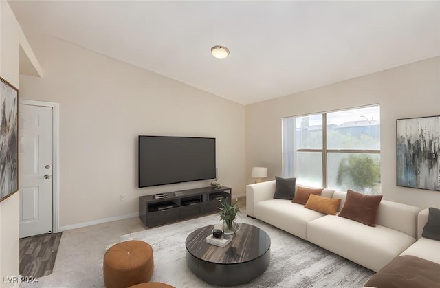 living room featuring wood-type flooring and vaulted ceiling