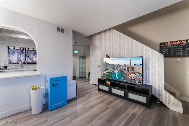 cinema room featuring wood-type flooring, a textured ceiling, and sink