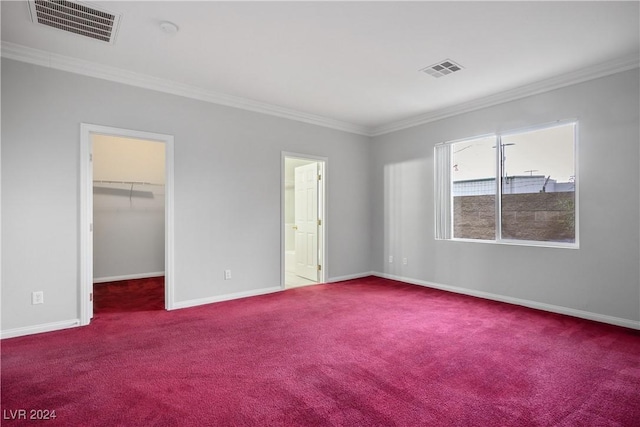 unfurnished bedroom with carpet flooring, a walk in closet, and crown molding