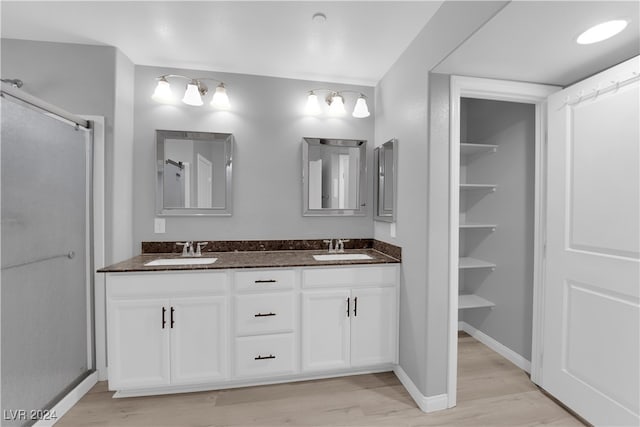 bathroom featuring wood-type flooring, vanity, and a shower with door