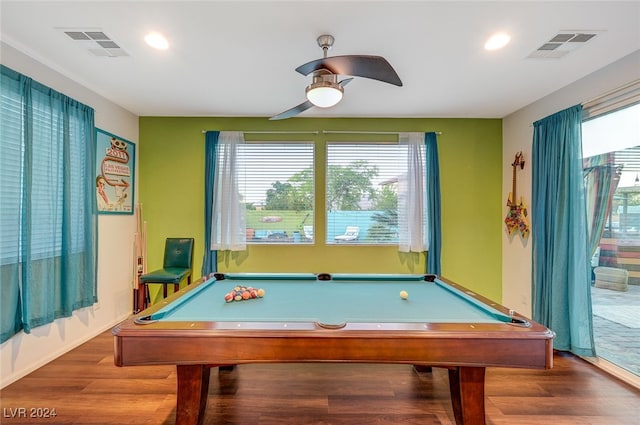 recreation room featuring a wealth of natural light, wood-type flooring, and billiards