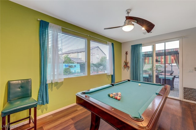 game room featuring dark hardwood / wood-style flooring, ceiling fan, and pool table