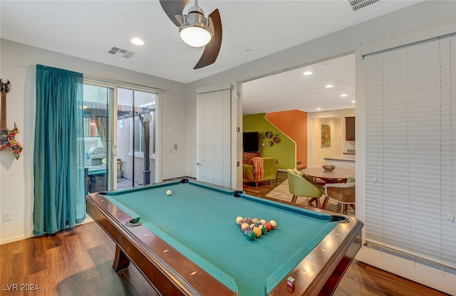 game room with ceiling fan, billiards, and hardwood / wood-style flooring