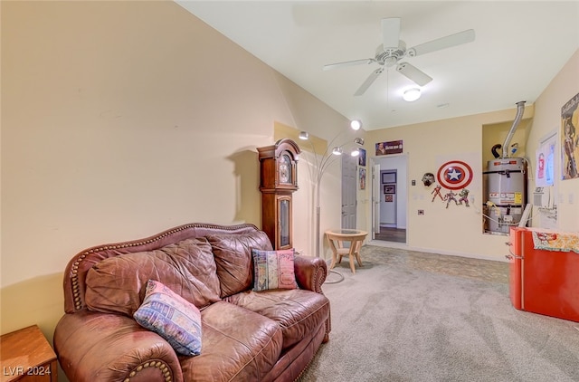 carpeted living room with secured water heater, ceiling fan, and vaulted ceiling