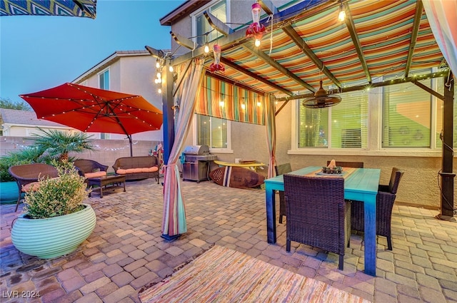 view of patio / terrace featuring a pergola, an outdoor hangout area, grilling area, and ceiling fan