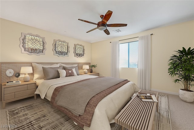 carpeted bedroom featuring ceiling fan