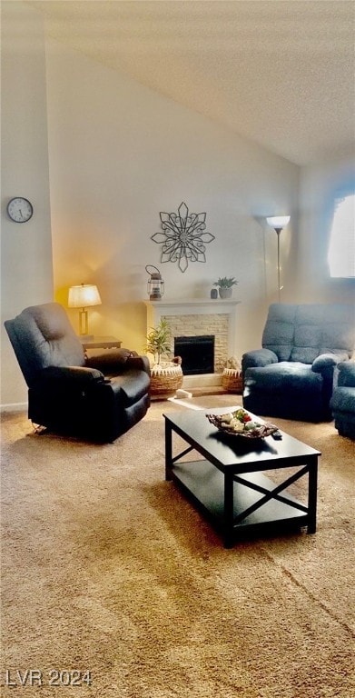 carpeted living room with a brick fireplace, vaulted ceiling, and a textured ceiling