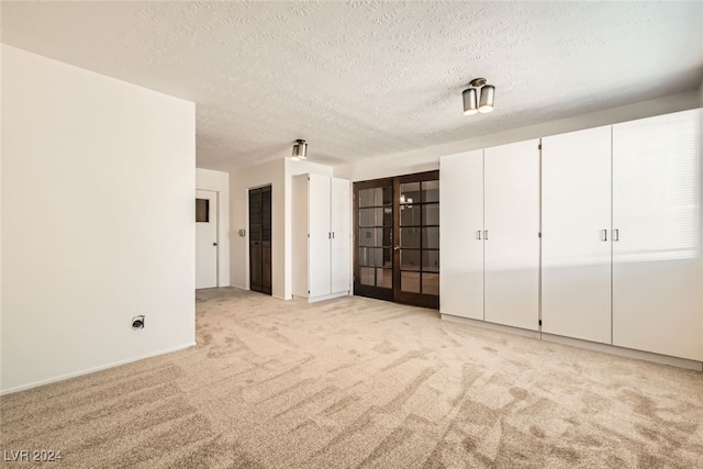 interior space with light colored carpet and a textured ceiling