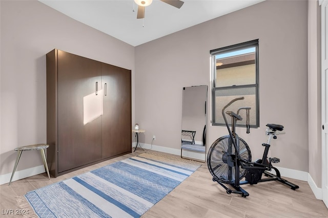 workout area featuring light wood-type flooring and ceiling fan