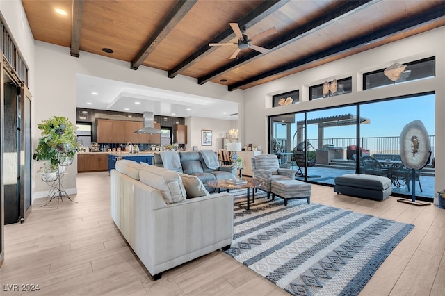 living room with beamed ceiling, ceiling fan with notable chandelier, light wood-type flooring, and wooden ceiling