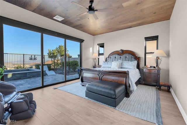 bedroom featuring wood ceiling, access to exterior, light wood-type flooring, and ceiling fan