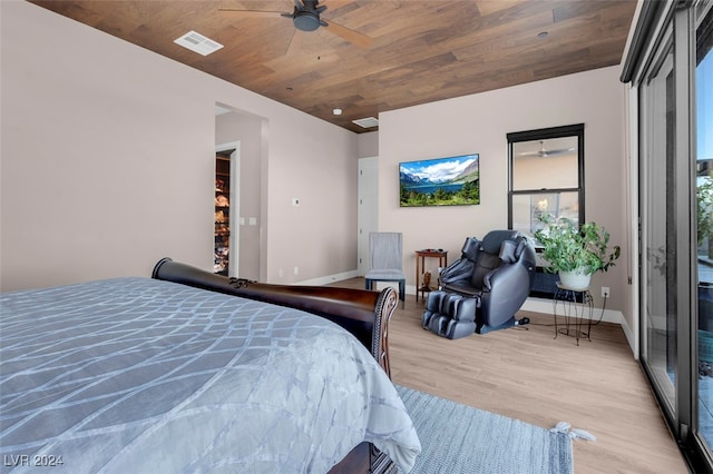 bedroom with ceiling fan, wooden ceiling, and light hardwood / wood-style flooring