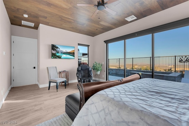 bedroom featuring access to outside, light hardwood / wood-style floors, wooden ceiling, and ceiling fan