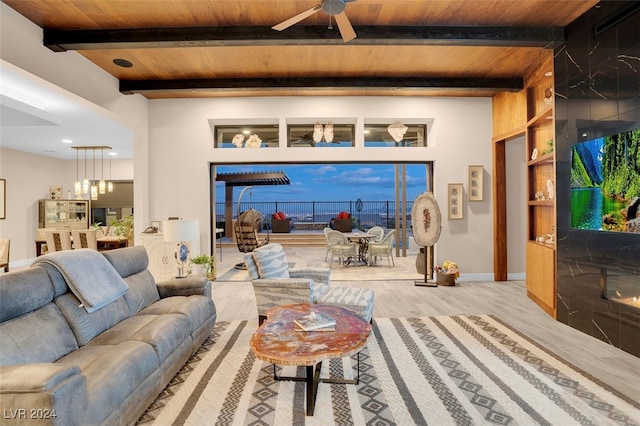 living room featuring light hardwood / wood-style flooring, beam ceiling, wood ceiling, and ceiling fan