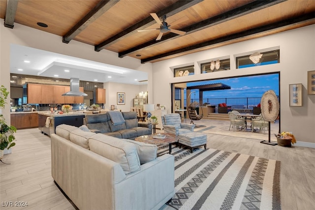 living room featuring ceiling fan, wooden ceiling, light hardwood / wood-style flooring, and beamed ceiling