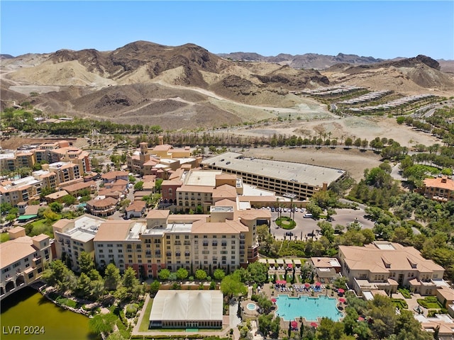 drone / aerial view featuring a mountain view