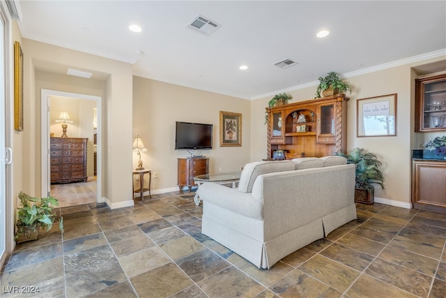 living room with crown molding