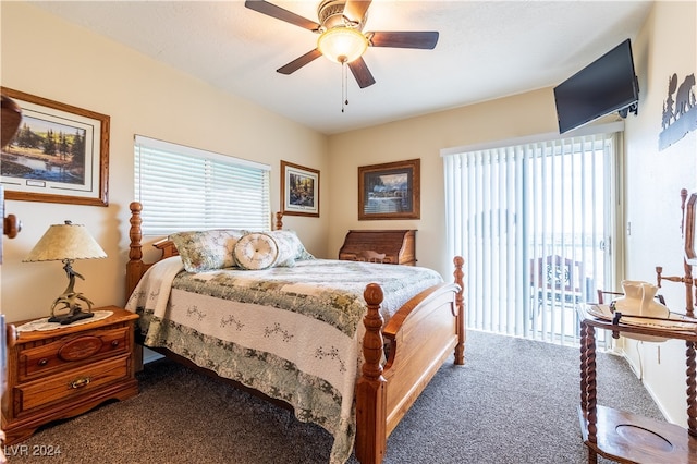 bedroom with access to exterior, carpet, and ceiling fan