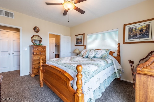 carpeted bedroom with a closet and ceiling fan