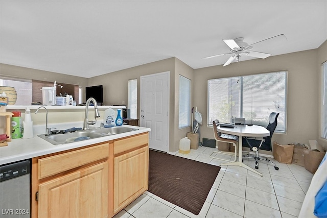 kitchen featuring dishwasher, light tile patterned floors, light brown cabinetry, ceiling fan, and sink