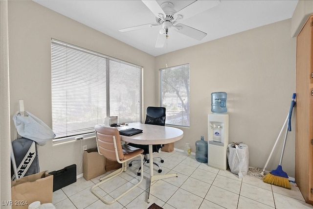 tiled home office with ceiling fan