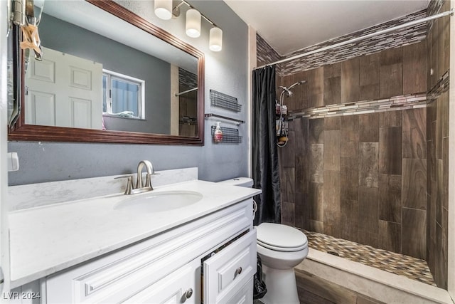 bathroom featuring vanity, toilet, and a shower with shower curtain