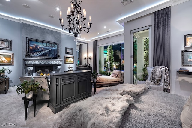 bedroom featuring a fireplace, access to outside, ornamental molding, and light colored carpet