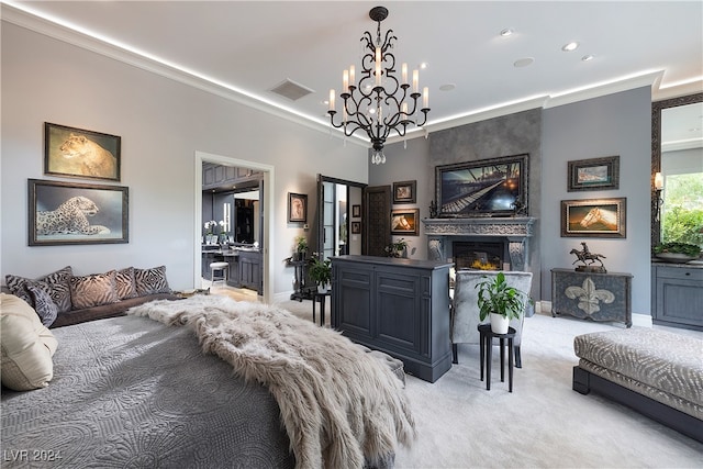 bedroom featuring ensuite bath, a large fireplace, light colored carpet, and ornamental molding