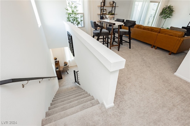 stairway featuring carpet floors and a healthy amount of sunlight