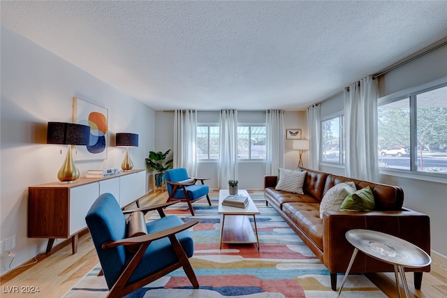 living room with a textured ceiling, light wood-type flooring, and a wealth of natural light