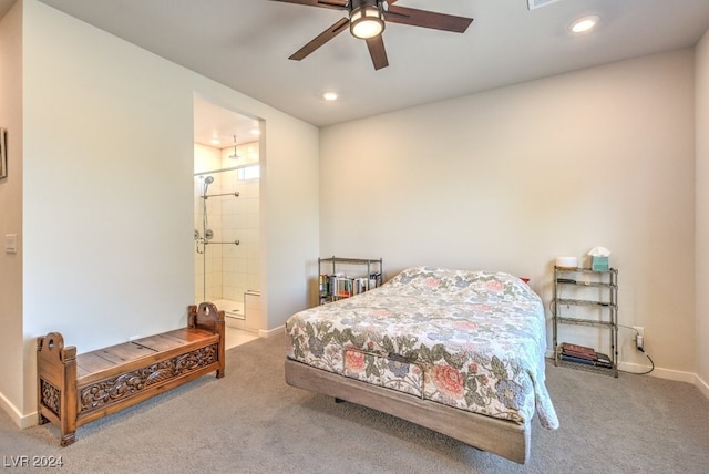 bedroom with carpet floors, recessed lighting, connected bathroom, and baseboards