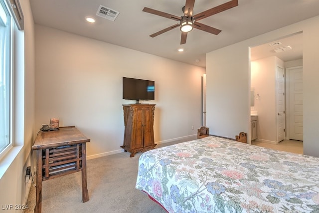 bedroom with light carpet, baseboards, visible vents, and recessed lighting