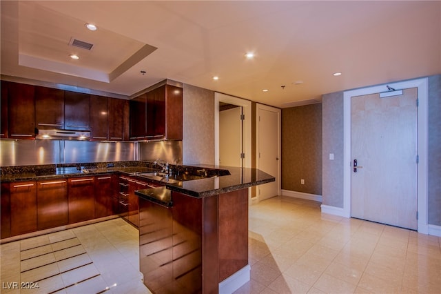 kitchen with dark stone countertops, a tray ceiling, sink, and a breakfast bar