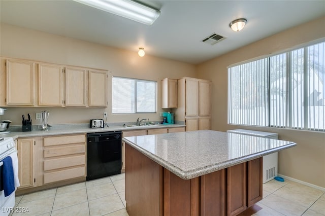 kitchen featuring light tile patterned floors, sink, a kitchen island, dishwasher, and white electric range