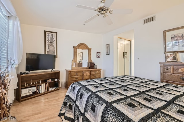 bedroom featuring multiple windows, light hardwood / wood-style flooring, and a closet